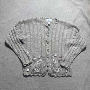 Cape Isle Knitters Sweater Womens XL Cardigan Button Embroidered By Hand Floral